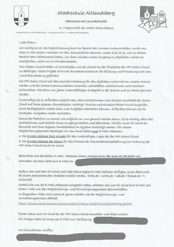 Brief der Stadtschule Altlandsberg zur E-Mail für Schulkinder